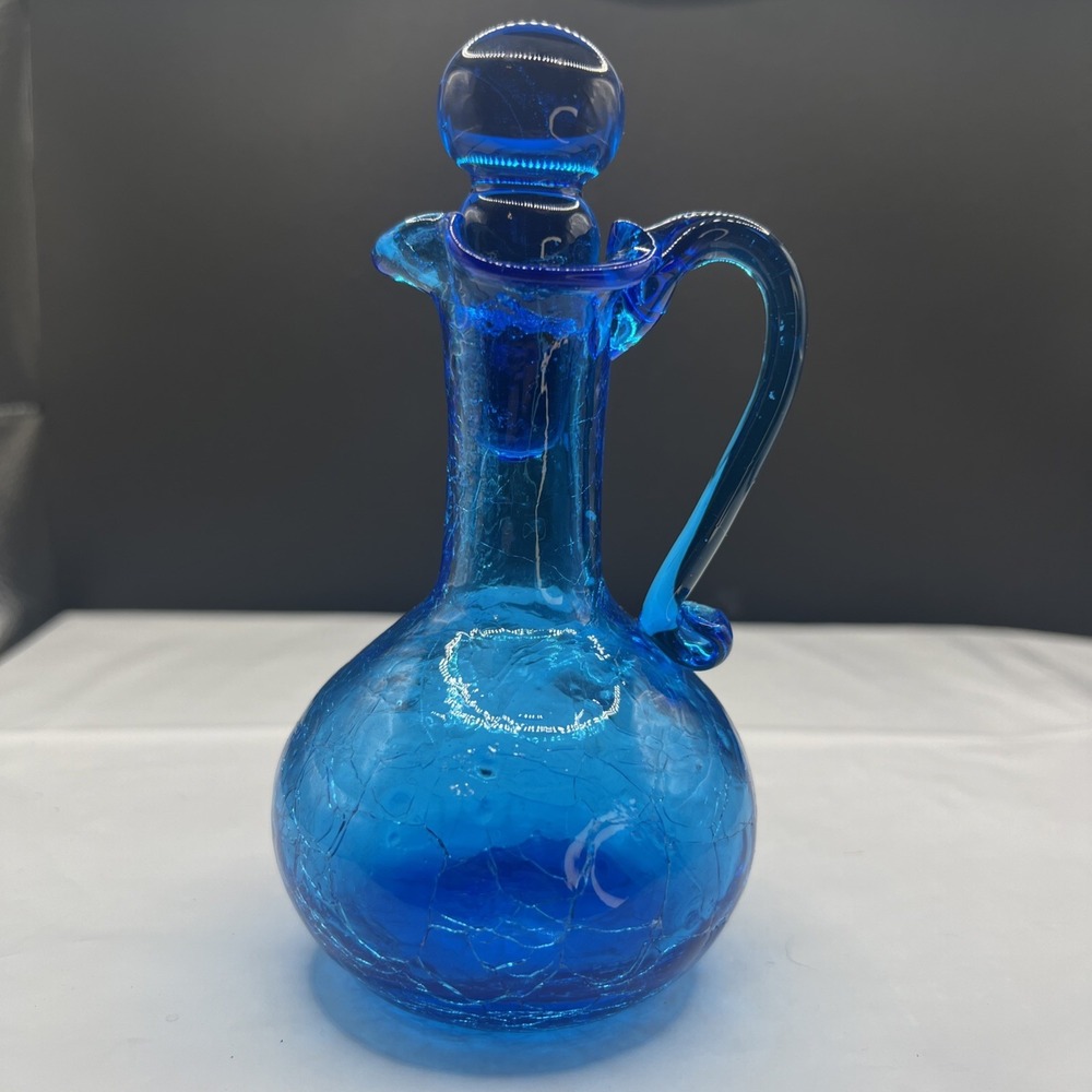 Vintage Blue Crackle Glass Decanter Pitcher Hand Blown Cruet with Stopper MCM